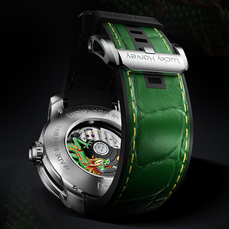 Green Dragon Automatic Watch Round Shaped Case Luminous Lucky Harvey