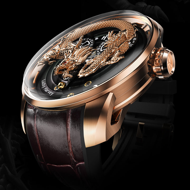 Gold Dragon Automatic Watch Round Shaped Case Luminous Lucky Harvey
