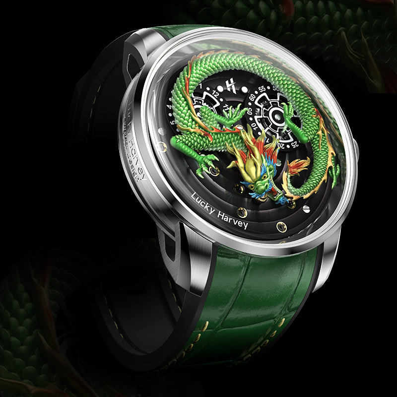Green Dragon Automatic Watch Round Shaped Case Luminous Lucky Harvey