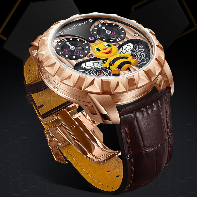 Gold Bee Automatic Watch Round Shaped Case Luminous Lucky Harvey