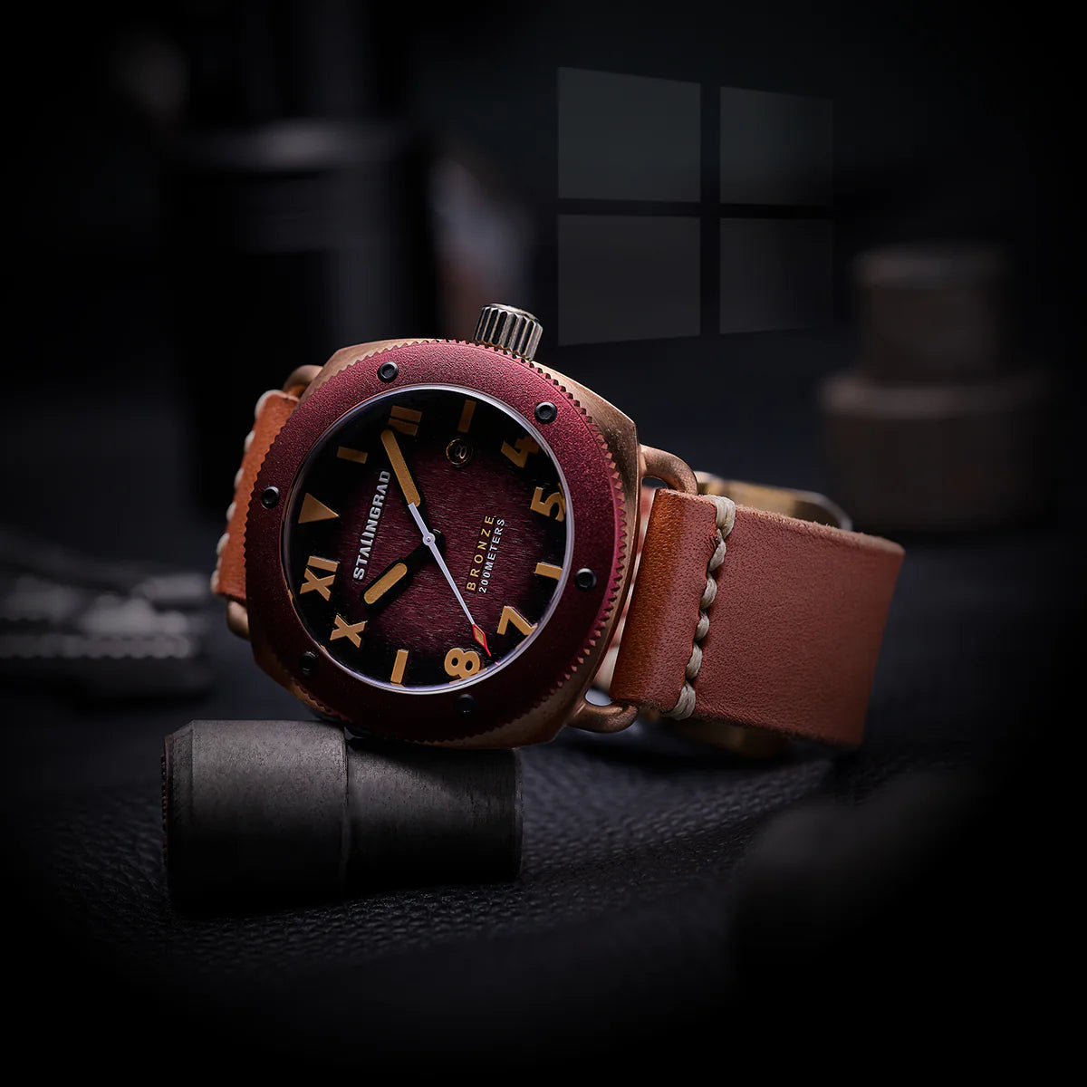 Bronze Defender 200M. Red Dial. Brown Leather Strap