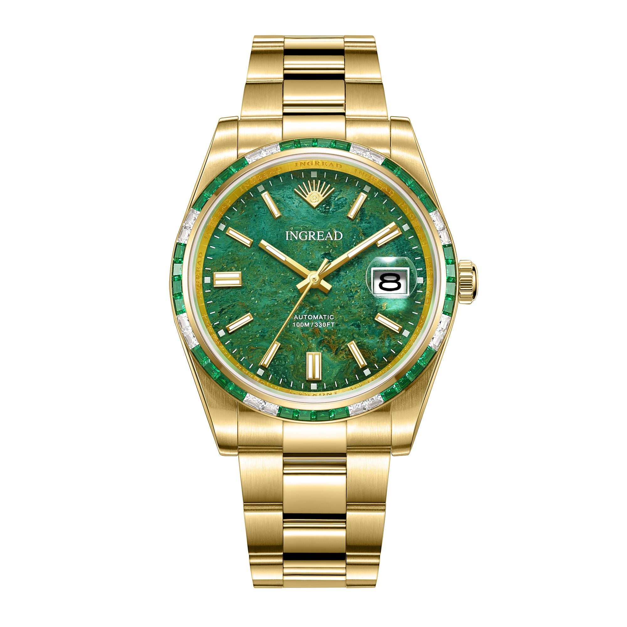 African Jade Dial with Zircon Gems, Sapphire Crystal, 40mm, Stainless Steel, IN-23006-77