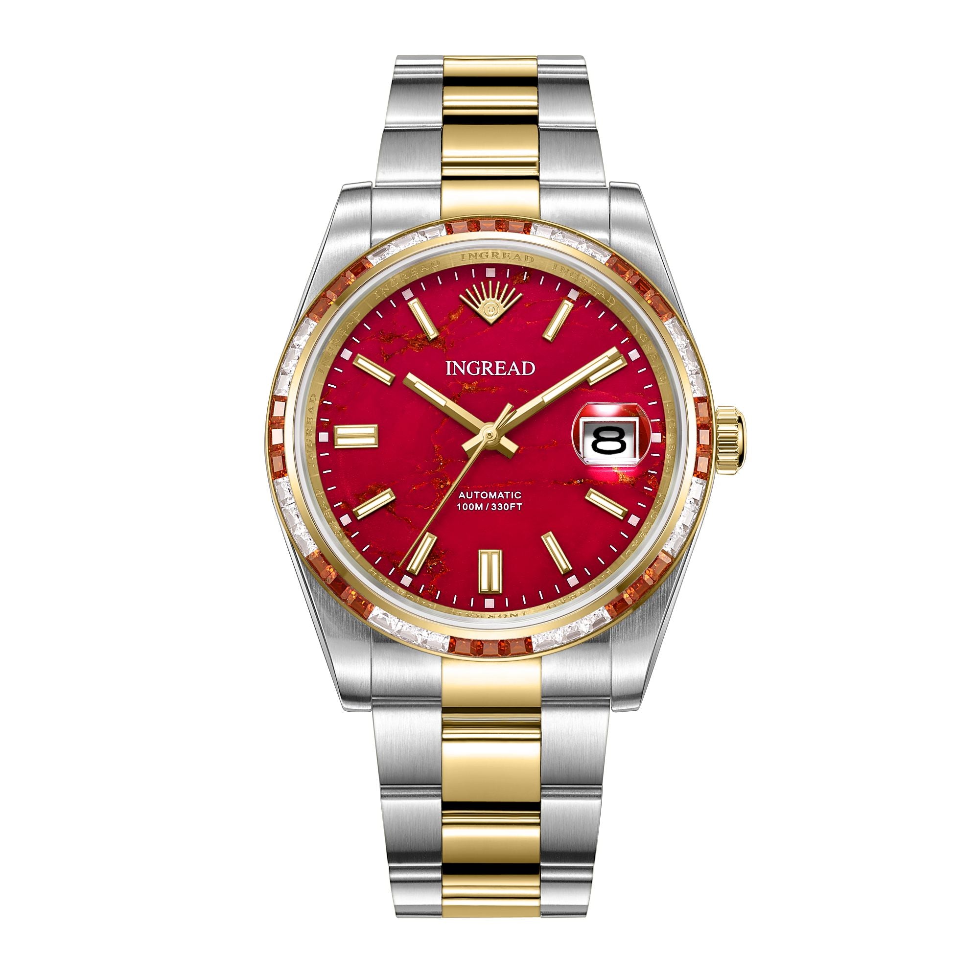 Red-grained Stone with Zircon Gems, Sapphire Crystal, 40mm, Stainless Steel, IN-23006-AA