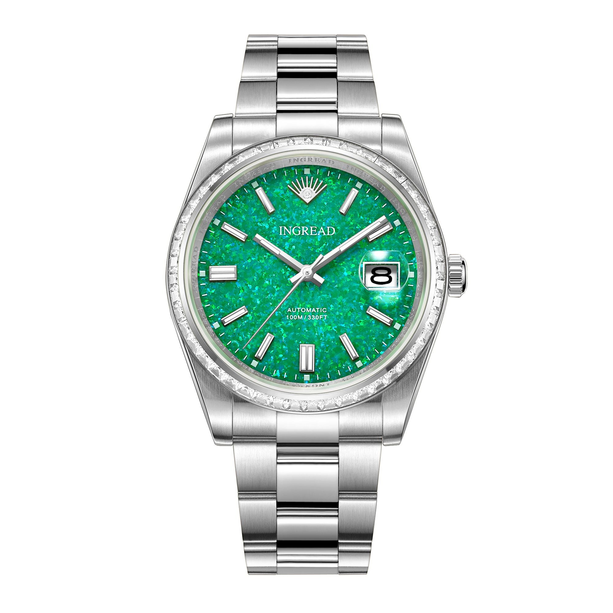 Natural Green Opal Dial with Zircon Gems, Sapphire Crystal, 40mm, Stainless Steel, IN-23006-CC