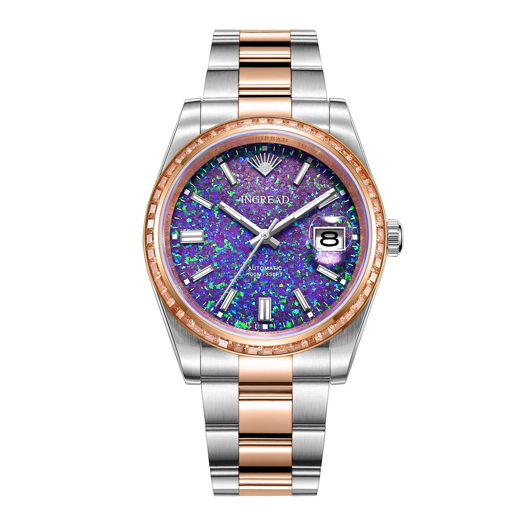 Natural Purple Opal Dial with Zircon Gems, Sapphire Crystal, 40mm, Stainless Steel, IN-23006-DD
