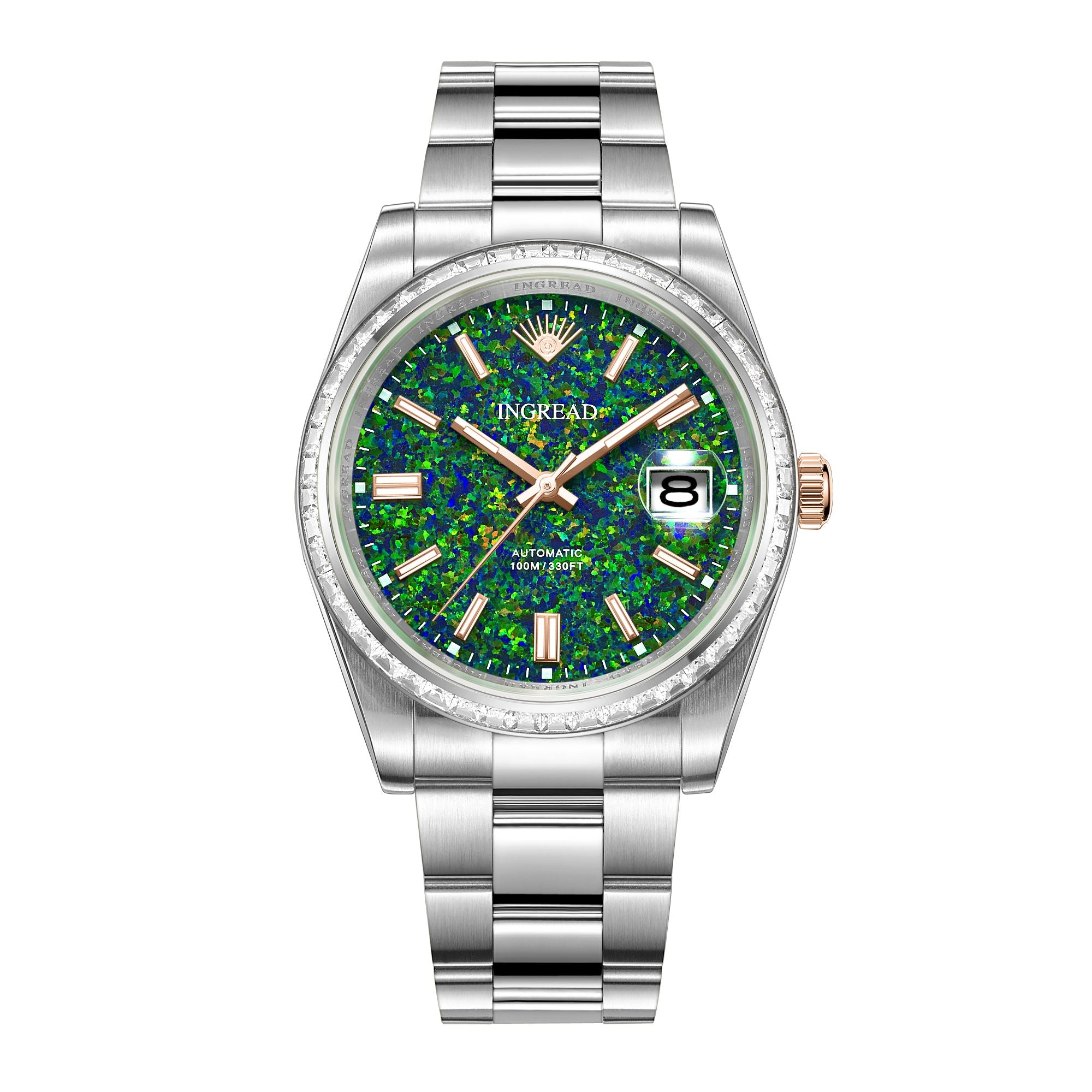 Natural Dark Green Opal Dial with Zircon Gems, Sapphire Crystal, 40mm, Stainless Steel, IN-23006-EE