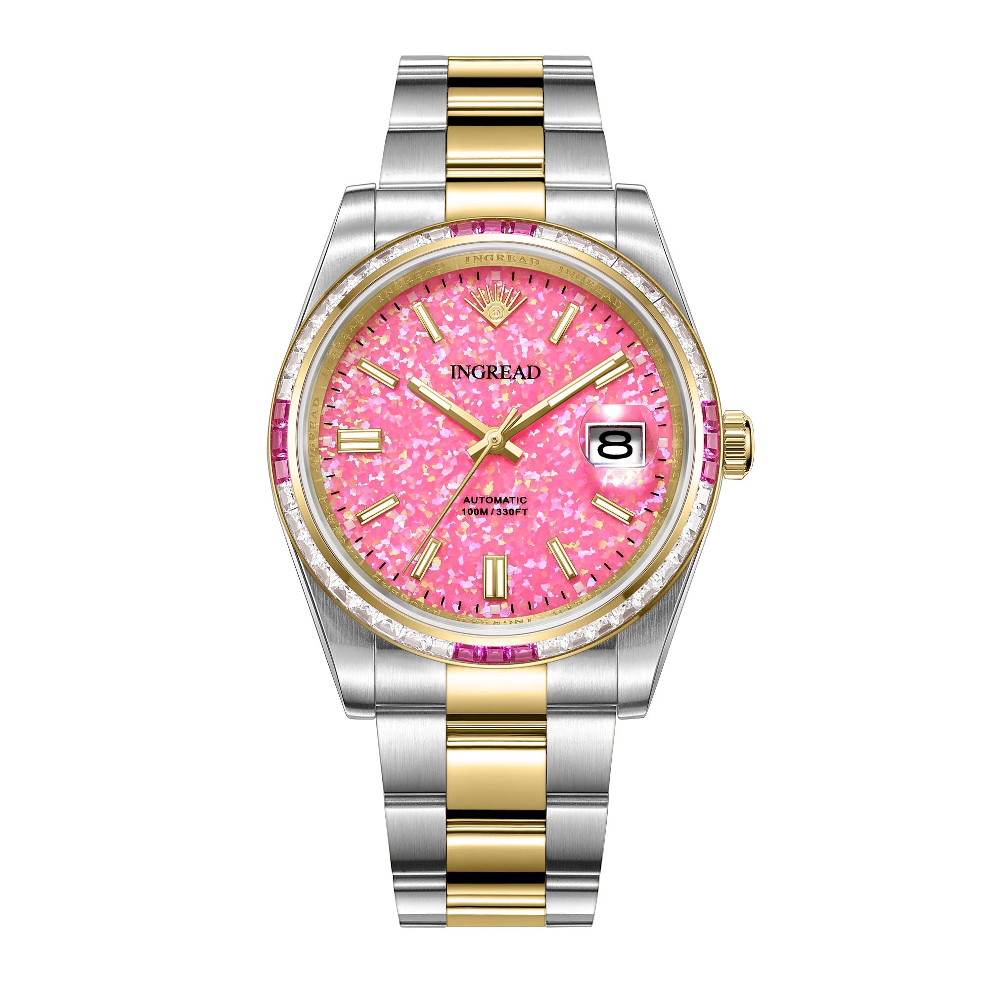 Natural Pink Opal Dial with Zircon Gems, Sapphire Crystal, 40mm, Stainless Steel, IN-23006-FF