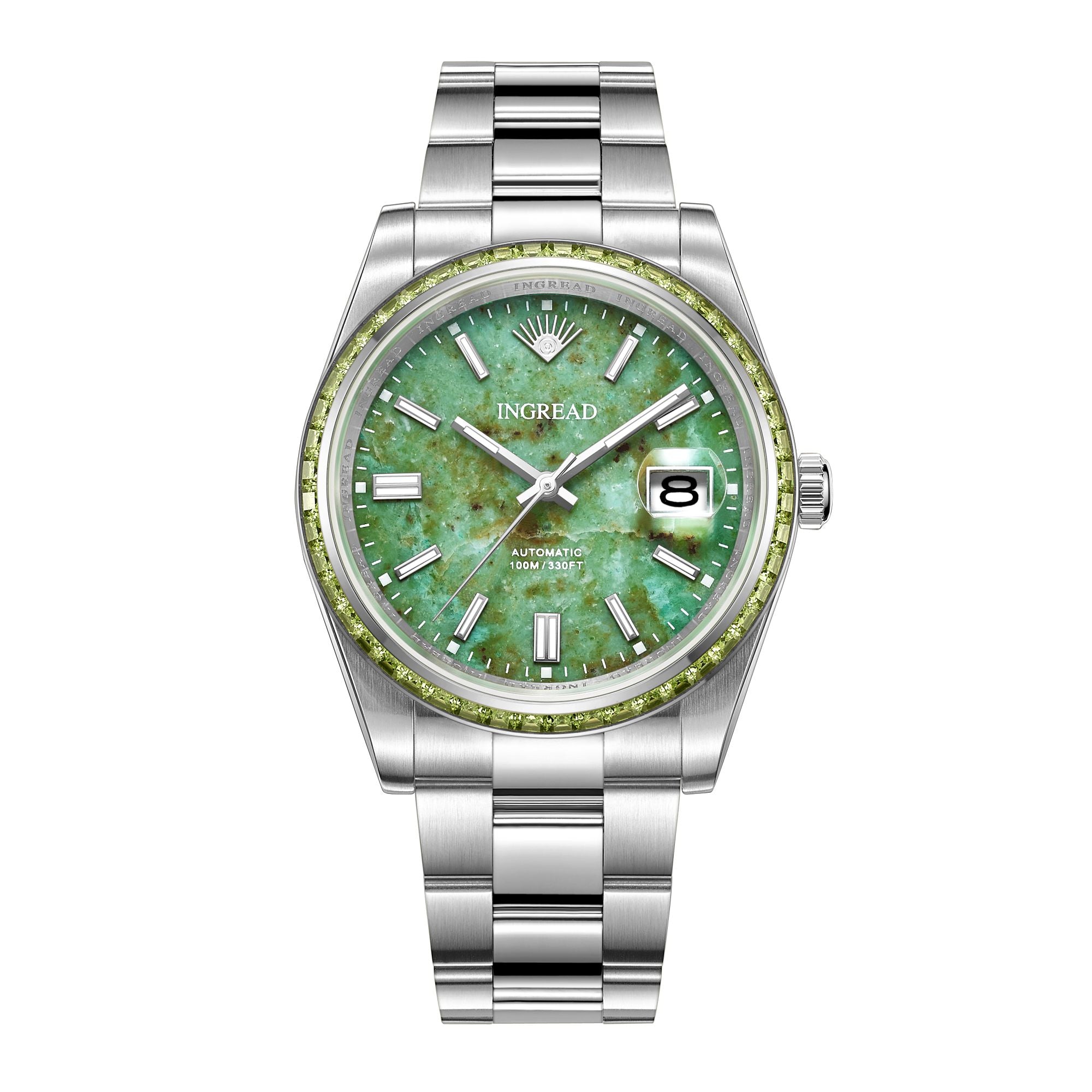 African Jade Dial with Zircon Gems, Sapphire Crystal, 40mm, Stainless Steel Watch, IN-23006-II
