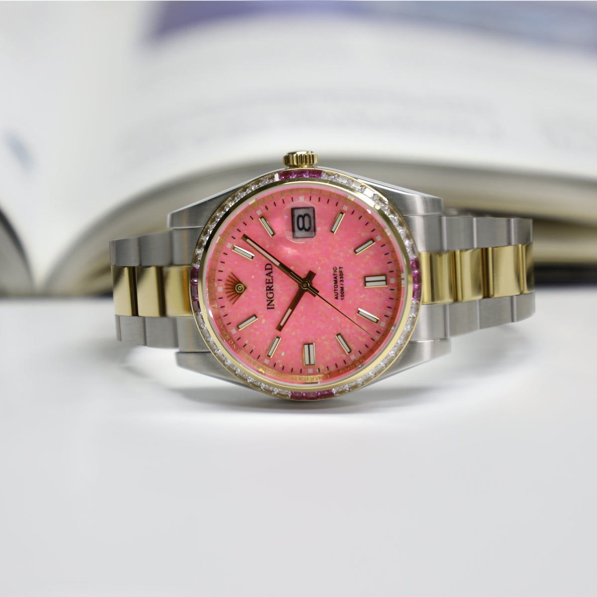 Natural Pink Opal Dial with Zircon Gems, Sapphire Crystal, 40mm, Stainless Steel, IN-23006-FF