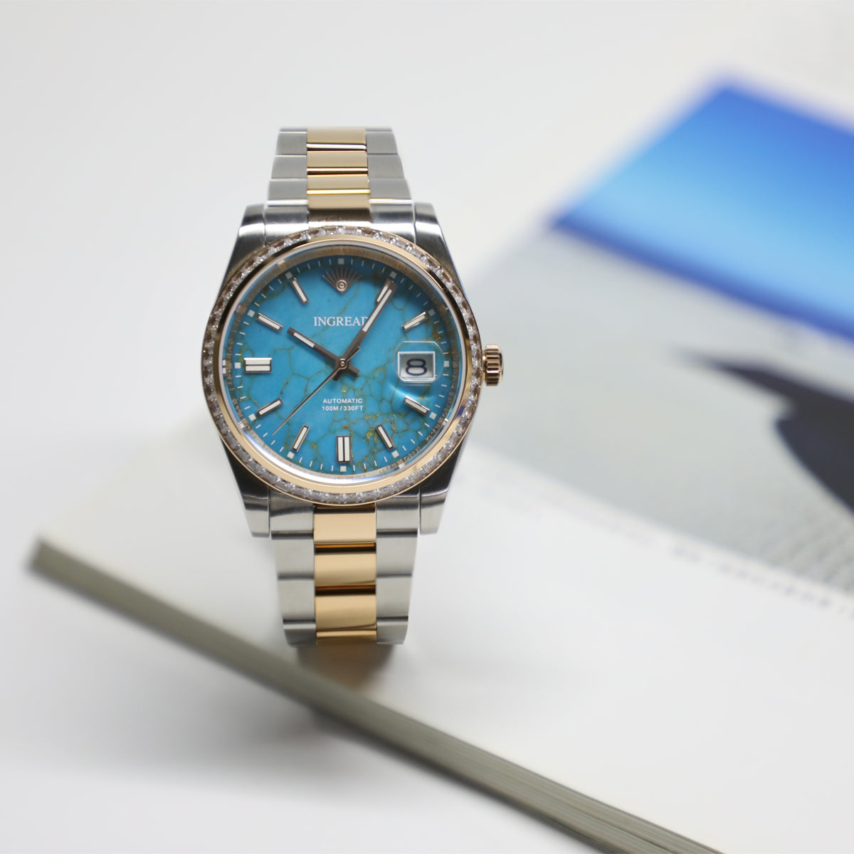 Blue Turquoise Dial with Zircon Gems, Sapphire Crystal 40mm, Stainless Steel Watch
