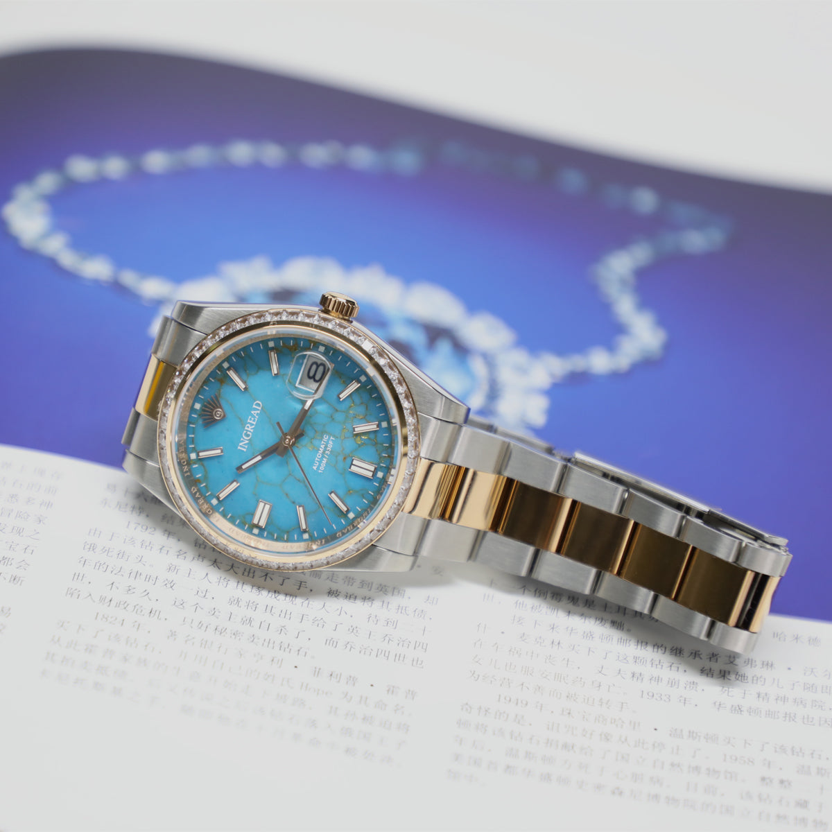 Blue Turquoise Dial with Zircon Gems, Sapphire Crystal 40mm, Stainless Steel Watch
