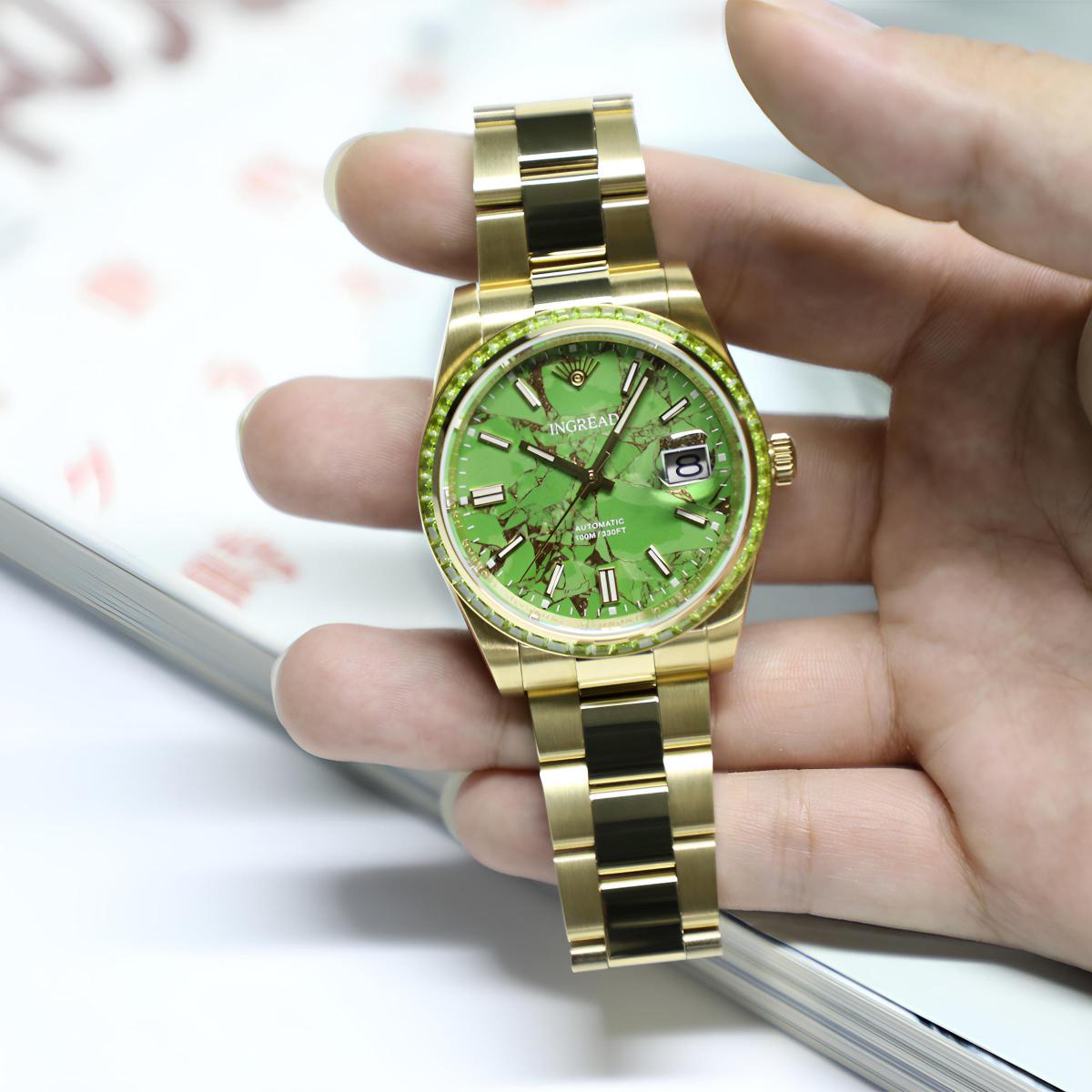 Light Green Turquoise Dial with Zircon Gems, Sapphire Crystal, 40mm, Stainless Steel, IN-23006-44