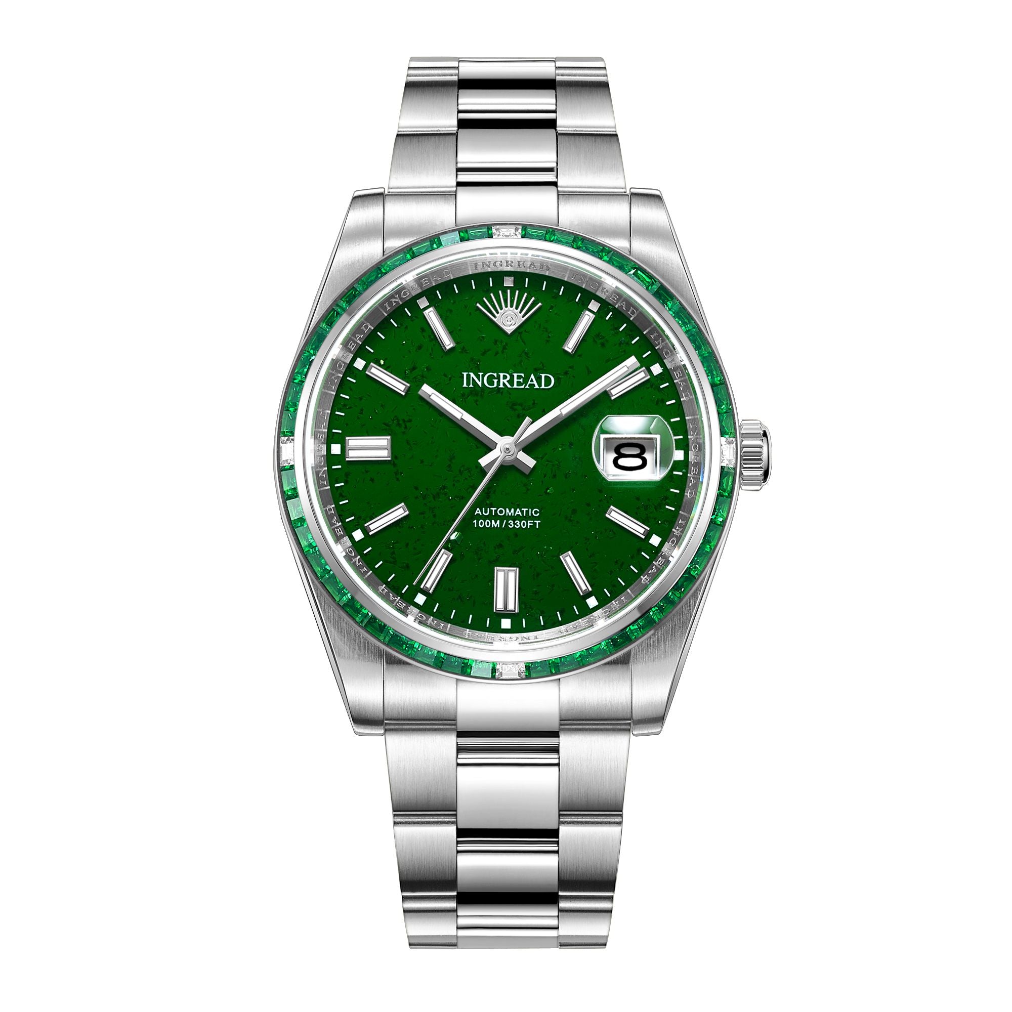 Natural Green Sandstone Dial with Zircon Gems, Sapphire Crystal, 40mm, Stainless Steel, IN-23006-33