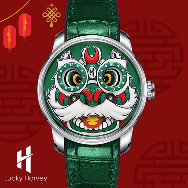 Green Lion Dance Moving Eye Automatic LH001 Movement Luminous Watch For Men Lucky Harvey