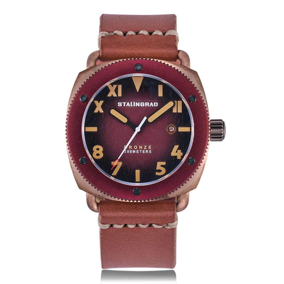 Bronze Defender 200M. Red Dial. Brown Leather Strap